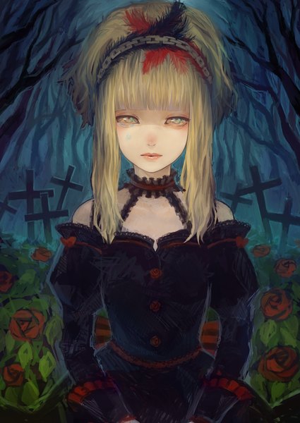 Anime picture 1000x1412 with sound horizon marchen elyse maiko (mamama11) single long hair tall image looking at viewer fringe blonde hair bare shoulders grey eyes tears bare tree girl dress hair ornament flower (flowers) plant (plants) tree (trees)