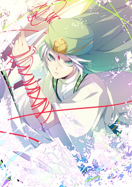 Anime picture 920x1300 with magi the labyrinth of magic a-1 pictures ja'far (magi) ringo ame single tall image looking at viewer short hair green eyes white hair traditional clothes from above fighting stance boy weapon headdress thread red thread arabian clothes