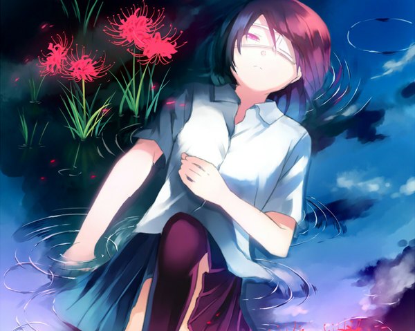 Anime picture 1024x819 with another p.a. works misaki mei kotobuki210 single short hair purple hair pink eyes reflection cropped girl skirt shirt water eyepatch higanbana