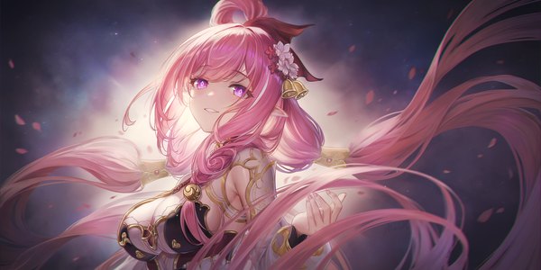 Anime picture 1920x960 with honkai impact 3rd honkai (series) elysia (honkai impact) elysia (herrscher of human:ego) (honkai impact) ulquiorra0 single looking at viewer fringe highres breasts light erotic wide image large breasts twintails pink hair cleavage upper body very long hair parted lips pink eyes