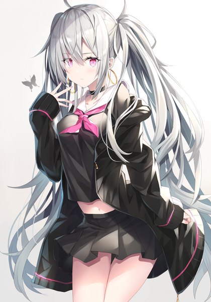 Anime picture 981x1400 with original rin yuu single long hair tall image looking at viewer blush fringe breasts simple background hair between eyes standing twintails payot silver hair pleated skirt pink eyes fingernails off shoulder grey background