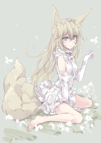 Anime picture 1157x1636 with original touma raito single long hair tall image blue eyes blonde hair sitting animal ears looking away tail animal tail barefoot bare legs fox ears fox tail wariza girl dress gloves