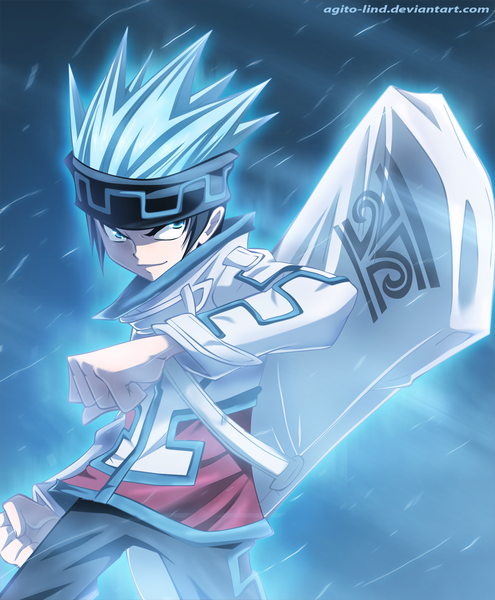 Anime picture 1000x1210 with shaman king xebec usui horokeu aagito single tall image short hair blue eyes smile blue hair coloring boy pants bandana fist