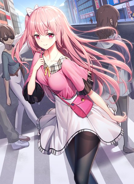 Anime picture 874x1200 with original emily stock ririko (zhuoyandesailaer) long hair tall image looking at viewer blush fringe breasts smile hair between eyes multiple girls signed payot pink hair outdoors pink eyes wind short sleeves one side up