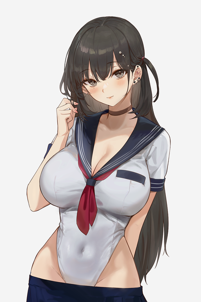 Anime picture 900x1350 with original alraco single long hair tall image looking at viewer blush fringe breasts light erotic black hair simple background hair between eyes large breasts white background upper body nail polish head tilt pleated skirt fingernails