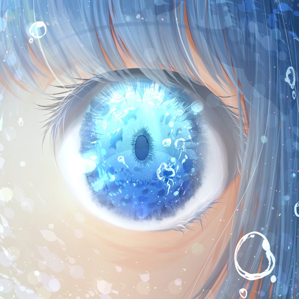 Anime picture 1024x1024 with original meiya (dia douya) single looking at viewer fringe short hair blue eyes blue hair close-up girl animal water bubble (bubbles) fish (fishes) eye