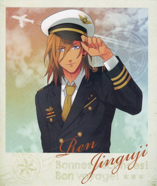 Anime picture 866x1024 with uta no prince-sama a-1 pictures jinguji ren single tall image looking at viewer short hair blue eyes smile sky cloud (clouds) orange hair dark skin framed boy uniform shirt necktie peaked cap blazer