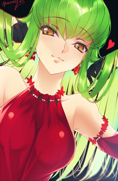 Anime picture 600x919 with code geass sunrise (studio) c.c. creayus single long hair tall image looking at viewer fringe bare shoulders signed yellow eyes very long hair green hair girl detached sleeves earrings headdress heart