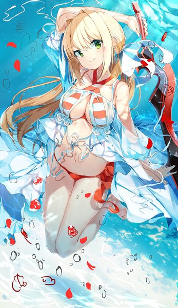 Anime picture 578x998 with fate (series) fate/grand order nero claudius (fate) (all) nero claudius (swimsuit caster) (fate) porch5681 single long hair tall image looking at viewer fringe breasts light erotic blonde hair smile hair between eyes large breasts green eyes full body bent knee (knees) head tilt