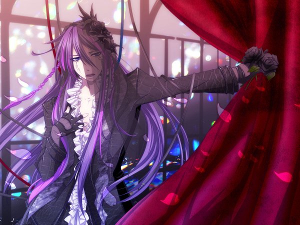 Anime picture 1200x900 with vocaloid kamui gakupo single long hair fringe open mouth purple eyes holding purple hair braid (braids) tears crying boy gloves hair ornament flower (flowers) shirt petals fingerless gloves rose (roses)