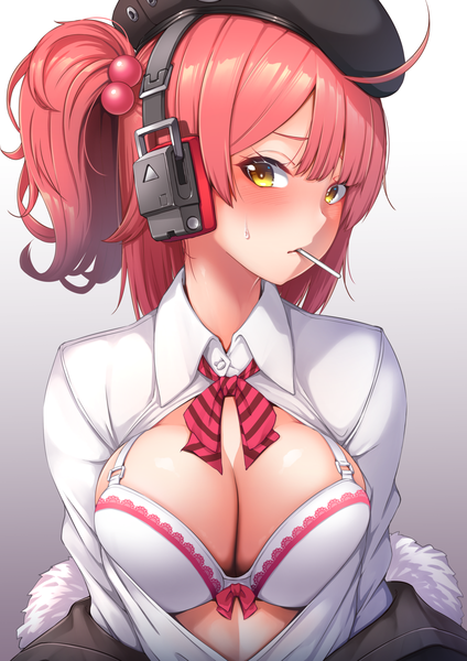 Anime picture 1191x1684 with girls frontline mp7 (girls frontline) yaosera single tall image looking at viewer blush fringe short hair breasts light erotic simple background hair between eyes yellow eyes upper body ahoge red hair head tilt off shoulder embarrassed