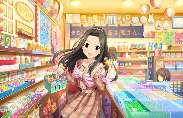 Anime picture 1280x824 with idolmaster idolmaster cinderella girls idolmaster cinderella girls starlight stage suzumiya seika long hair looking at viewer blush open mouth black hair smile purple eyes indoors solo focus girl dress food sweets candy shop