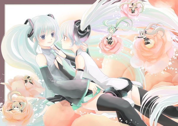 Anime picture 2480x1753 with vocaloid hatsune miku highres twintails multiple girls chibi solid eyes girl flower (flowers) 2 girls detached sleeves