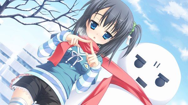 Anime picture 1280x720 with hatsuyuki sakura shinonome nozomu single blush short hair blue eyes black hair wide image game cg one side up girl shorts scarf snowman