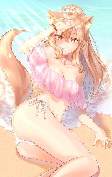 Anime picture 2598x4087 with fate (series) fate/grand order fate/extra ccc fox tail suzuka gozen (fate) natsu (shamikana) single long hair tall image looking at viewer fringe highres breasts light erotic blonde hair smile hair between eyes animal ears yellow eyes cleavage ass