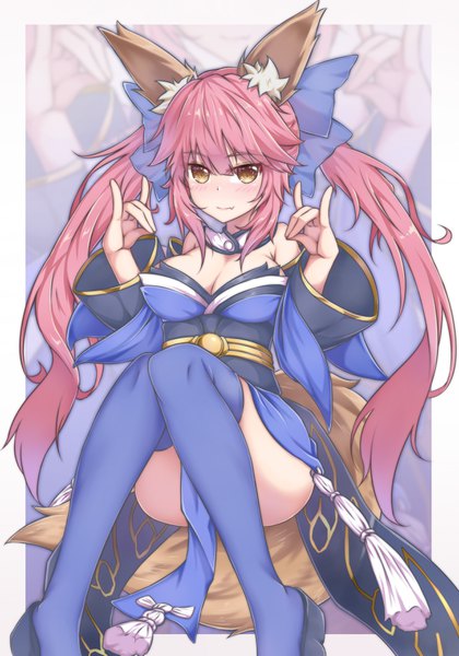 Anime picture 2456x3507 with fate (series) fate/extra tamamo (fate) (all) tamamo no mae (fate) zongren single long hair tall image blush highres breasts light erotic twintails brown eyes animal ears pink hair cleavage tail traditional clothes japanese clothes