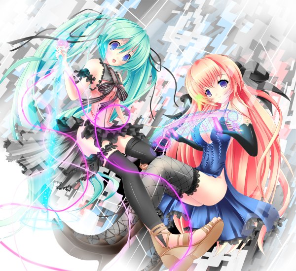Anime picture 1200x1100 with vocaloid hatsune miku megurine luka akairo no mako long hair blue eyes light erotic twintails multiple girls pink hair cleavage aqua hair girl thighhighs gloves black thighhighs 2 girls elbow gloves microphone wire (wires)