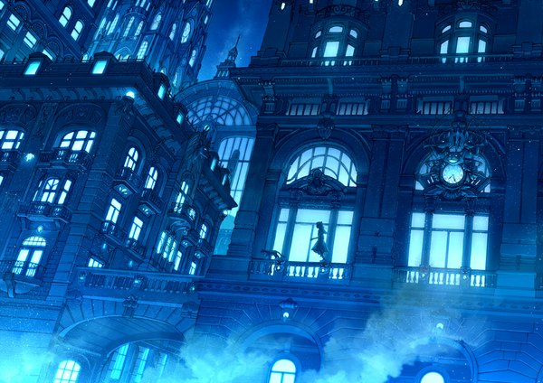 Anime picture 1000x707 with original kaitan long hair night night sky steam girl animal building (buildings) star (stars) cat clock skyscraper roof balcony