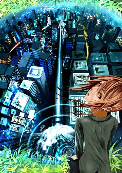 Anime picture 1403x1984 with original yoshifumi (4423) single long hair tall image looking at viewer open mouth brown hair sitting brown eyes from above city cityscape city lights girl plant (plants) building (buildings)