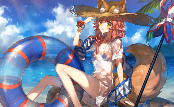 Anime picture 1000x615 with fate (series) fate/grand order fate/extra tamamo (fate) (all) tamamo no mae (swimsuit lancer) (fate) chocoan single long hair looking at viewer blush fringe open mouth smile hair between eyes wide image sitting brown eyes signed animal ears pink hair