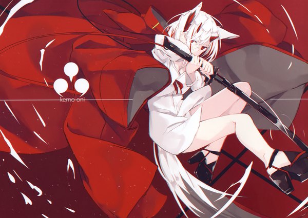 Anime picture 2947x2089 with original nagishiro mito single looking at viewer fringe highres short hair simple background hair between eyes red eyes holding animal ears payot bent knee (knees) white hair tail animal tail multicolored hair scan inscription