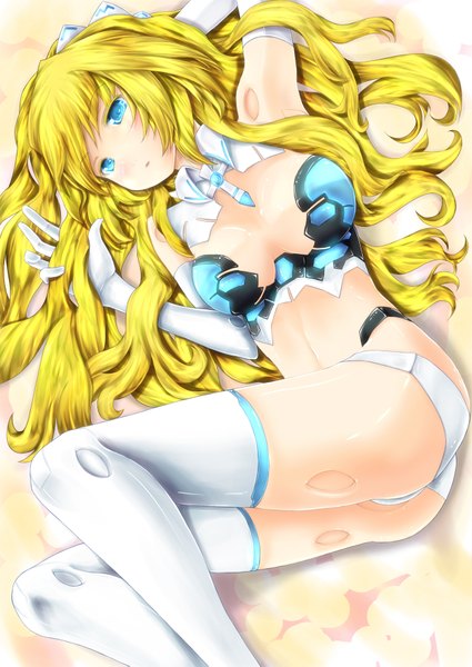 Anime picture 1254x1771 with busou shinki altrene r0g0b0 single long hair tall image blush breasts blue eyes light erotic blonde hair girl thighhighs gloves white thighhighs elbow gloves
