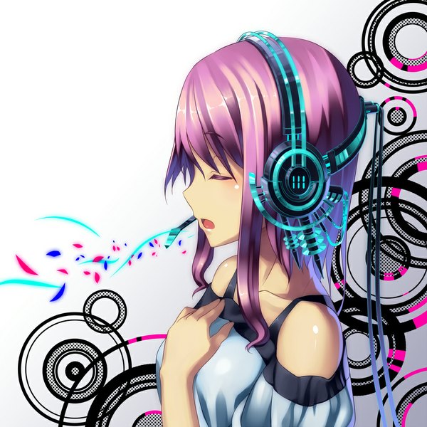 Anime picture 1000x1000 with original ac (eshi) single blush short hair open mouth bare shoulders pink hair eyes closed profile hand on chest girl headphones wire (wires)