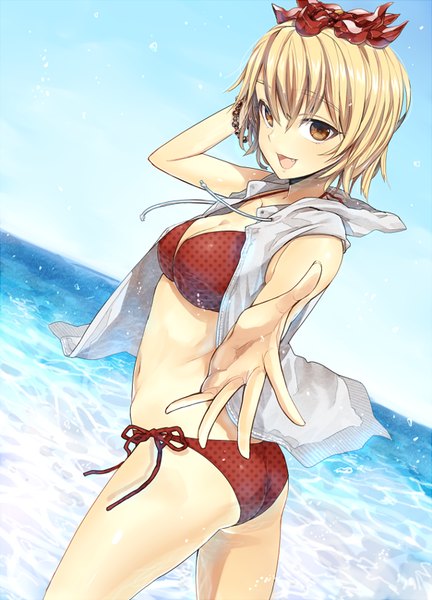 Anime picture 612x850 with touhou toramaru shou dekappara futoriusu single tall image looking at viewer fringe short hair breasts open mouth light erotic blonde hair large breasts brown eyes sky ass horizon outstretched hand girl hair ornament