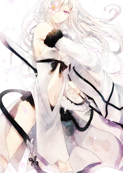 Anime picture 1000x1406 with drakengard zero (drag-on dragoon) tsukikanade single long hair tall image looking at viewer fringe breasts red eyes large breasts white background holding cleavage white hair long sleeves head tilt light smile hair over one eye snowing