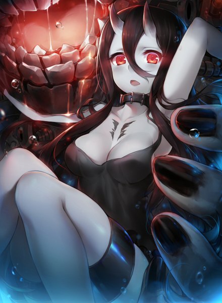 Anime picture 1100x1500 with kantai collection battleship-symbiotic hime suika01 long hair tall image breasts open mouth light erotic black hair hair between eyes red eyes horn (horns) bare legs teeth oni horns shinkaisei-kan blue skin girl collar bubble (bubbles)