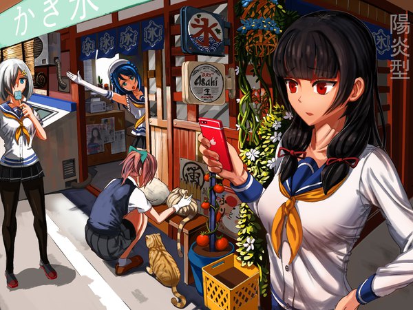 Anime picture 2000x1500 with kantai collection apple inc. hamakaze destroyer isokaze destroyer urakaze destroyer shiranui destroyer ssamjang (misosan) long hair fringe highres short hair breasts open mouth blue eyes black hair red eyes standing multiple girls holding payot