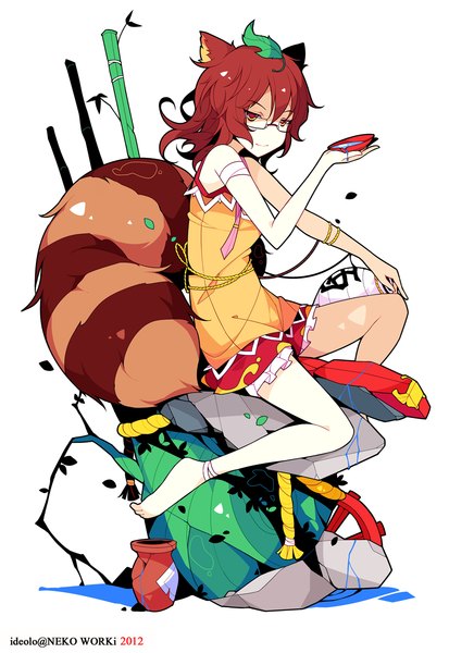 Anime picture 1000x1453 with touhou futatsuiwa mamizou ideolo single tall image looking at viewer short hair simple background smile red eyes brown hair white background sitting bare shoulders animal ears animal tail barefoot drinking girl dress