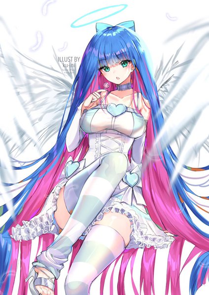 Anime picture 724x1024 with panty & stocking with garterbelt anarchy stocking ku-ini single tall image fringe sitting green eyes blue hair pink hair blunt bangs very long hair multicolored hair two-tone hair high heels colored inner hair girl dress bow hair bow