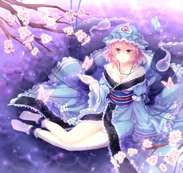 Anime picture 1200x1130 with touhou saigyouji yuyuko yuuna minato single short hair purple eyes pink hair japanese clothes cherry blossoms ghost girl petals frills kimono insect butterfly obi bonnet