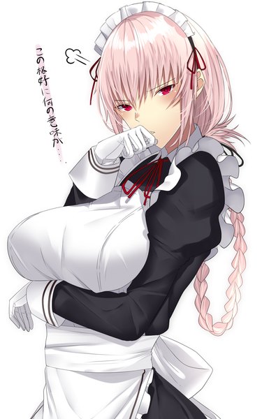 Anime picture 1250x2000 with fate (series) fate/grand order florence nightingale (fate) onineko-chan single long hair tall image looking at viewer blush fringe breasts light erotic simple background hair between eyes red eyes large breasts standing white background payot pink hair