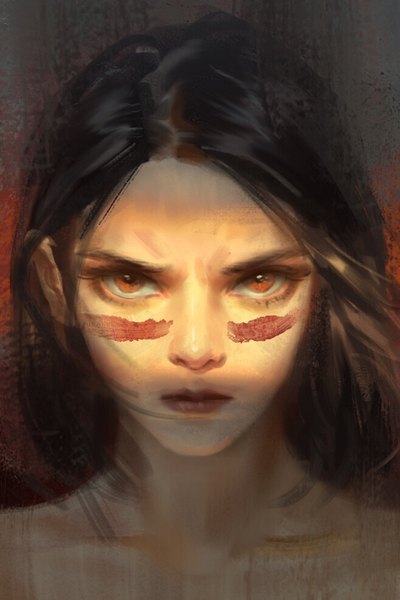 Anime picture 658x987 with battle angel alita gally hou china single tall image looking at viewer short hair black hair brown eyes upper body lips portrait serious face paint girl