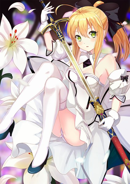 Anime picture 826x1168 with fate (series) fate/unlimited codes type-moon artoria pendragon (all) saber saber lily dance of eternity single long hair tall image looking at viewer blush fringe light erotic blonde hair bare shoulders holding green eyes ahoge ass