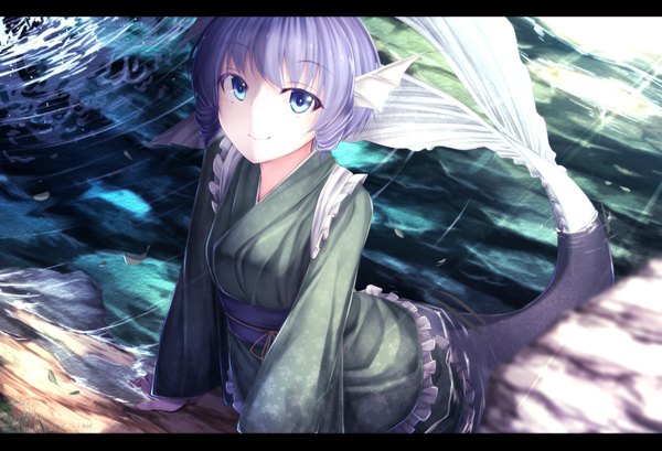 Anime picture 1760x1200 with touhou wakasagihime waterdog single long hair highres blue eyes purple hair tail traditional clothes japanese clothes letterboxed head wings demon wings fish tail girl wings water frills belt