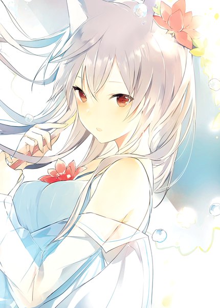 Anime picture 650x906 with original lpip single long hair tall image looking at viewer blush fringe breasts open mouth hair between eyes bare shoulders holding brown eyes animal ears upper body hair flower grey hair cat ears :o
