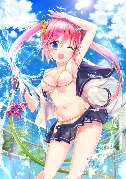 Anime picture 826x1168 with original moe2018 jin young-in single long hair tall image looking at viewer blush breasts open mouth blue eyes light erotic twintails pink hair sky cloud (clouds) one eye closed armpit (armpits) lens flare groin