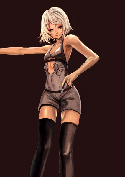 Anime picture 1446x2046 with original yoshifumi (4423) single tall image looking at viewer short hair simple background blonde hair bare shoulders yellow eyes armpit (armpits) zettai ryouiki outstretched arm brown background girl thighhighs black thighhighs