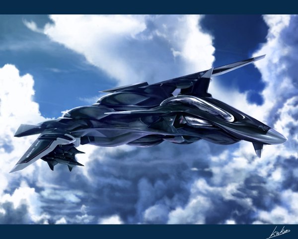 Anime-Bild 1280x1024 mit sentou yousei yukikaze ffr-41mr kawanakajima signed sky cloud (clouds) letterboxed flying no people aircraft airplane jet