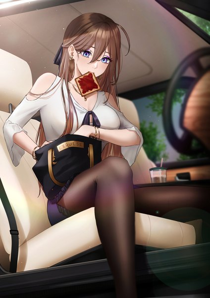 Anime picture 1000x1414 with original nana (kurisustinah) expulse single long hair tall image blush fringe breasts blue eyes hair between eyes brown hair sitting bare shoulders holding mouth hold looking down eyeshadow makeup food in mouth