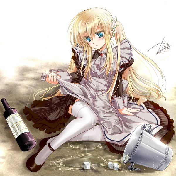 Anime picture 1200x1200 with original kanna (artist) single long hair blush blue eyes blonde hair sitting hair flower wet clothes girl thighhighs dress hair ornament white thighhighs shoes bottle ice wine bucket