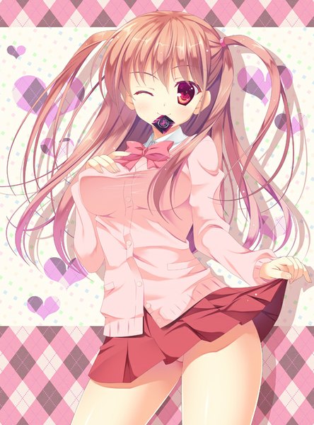Anime picture 600x810 with saki atarashi ako naruse mamoru long hair tall image blush light erotic smile red eyes brown hair twintails holding pleated skirt one eye closed wink mouth hold condom in mouth girl skirt uniform