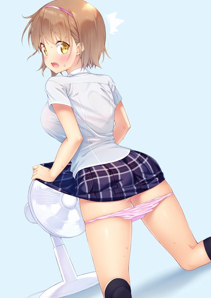 Anime picture 848x1200 with original ichi makoto single tall image blush short hair breasts open mouth light erotic simple background brown hair large breasts yellow eyes looking back from behind sweat kneeling plaid skirt blue background skirt lift