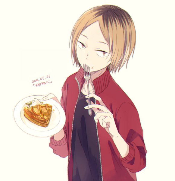 Anime picture 775x800 with haikyuu!! production i.g kozume kenma o-ishi single tall image looking at viewer short hair simple background blonde hair brown eyes from above open jacket dated eating food on face boy food jacket sweets