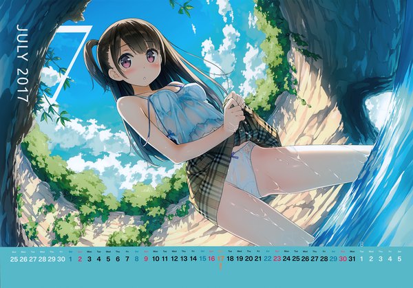Anime picture 7019x4908 with original shizuku (kantoku) kantoku single long hair blush highres open mouth light erotic black hair brown hair purple eyes absurdres sky cloud (clouds) scan official art one side up wet clothes skirt flip