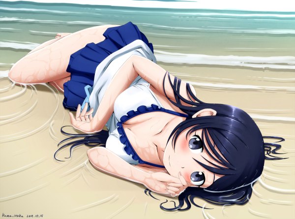 Anime picture 1200x891 with ore no imouto ga konna ni kawaii wake ga nai aragaki ayase kama iruka single long hair blush breasts blue eyes light erotic black hair bare shoulders signed cleavage lying pleated skirt barefoot bare legs wet on side girl