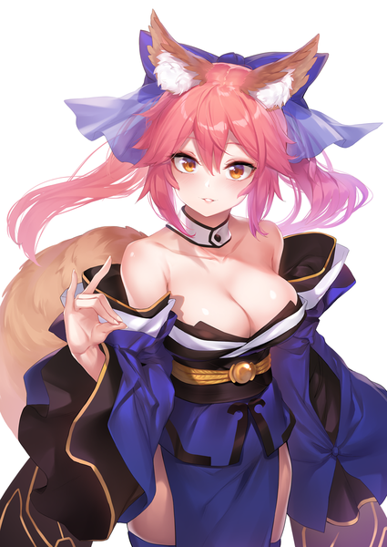 Anime picture 850x1200 with fate (series) fate/extra tamamo (fate) (all) tamamo no mae (fate) yaguo single long hair tall image looking at viewer blush fringe breasts light erotic simple background smile hair between eyes large breasts standing white background twintails
